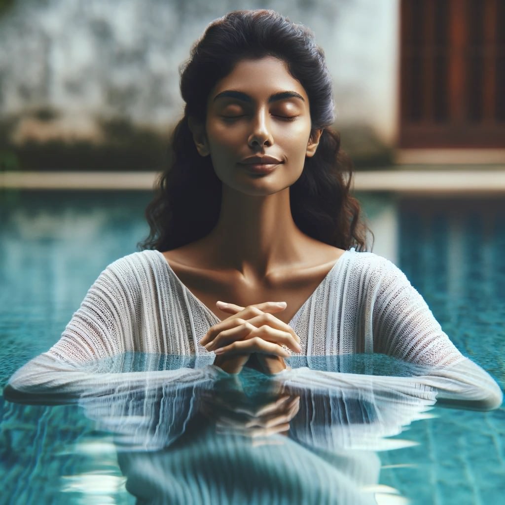 Donna rilassata in posa yoga in acqua